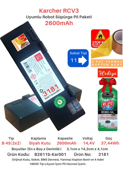 Karcher Rcv3 2600MAH Uyumlu Batarya Robot Süpürge Pili B2611B-KAR001