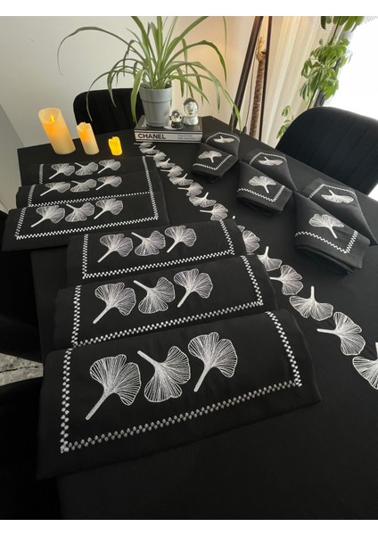 Ginkgo Yaprağı Desen Keten Gardenya Masa Örtüsü Seti