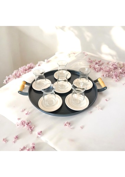 Metal Sunum Tepsisi Metal Çay Tabağı Set- 6 Adet Çay Tabağı ve 6 Adet Sunum Tepsisi Sunumluk Tabak