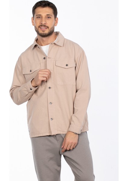 Çift Cepli Gabardin Gömlek - Bej