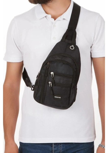 Unisex Siyah Qatro Kumaş USB Kulaklık Çıkışlı Fermuarlı Bel Göğüs ve Omuz Çantası (19X29CM) tul202