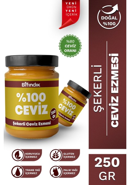 Şekerli Ceviz Ezmesi Taze Çekim Doğal Sürülebilir Kahvaltılık %80 Ceviz Ezmesi 250 Gram