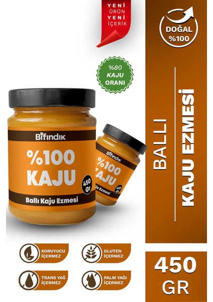Ballı Kaju Ezmesi Katkısız Taze Çekim Doğal Sürülebilir Kahvaltılık %80 Kaju Ezmesi 450 Gram