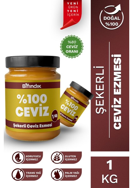 Şekerli Ceviz Ezmesi Taze Çekim Doğal Sürülebilir Kahvaltılık %80 Ceviz Ezmesi 1 KiloGram