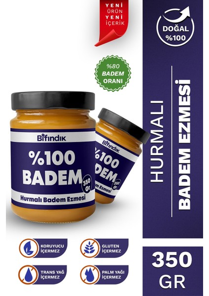 Hurmalı Badem Ezmesi Katkısız Taze Çekim Doğal Sürülebilir Kahvaltılık %80 Badem Ezmesi 350 Gram