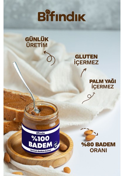 Hurmalı Badem Ezmesi Katkısız Taze Çekim Doğal Sürülebilir Kahvaltılık %80 Badem Ezmesi 350 Gram