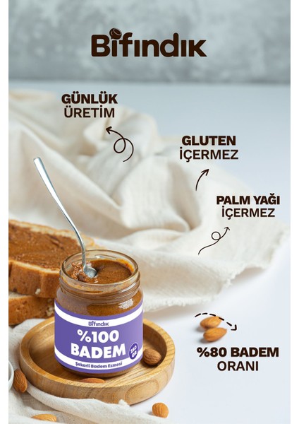 Şekerli Badem Ezmesi Taze Çekim Doğal Sürülebilir Kahvaltılık %80 Badem Ezmesi 250 Gram