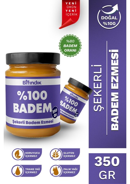 Şekerli Badem Ezmesi Taze Çekim Doğal Sürülebilir Kahvaltılık %80 Badem Ezmesi 350 Gram