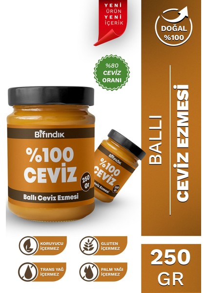 Ballı Ceviz Ezmesi Katkısız Taze Çekim Doğal Sürülebilir Kahvaltılık %80 Ceviz Ezmesi 250 Gram
