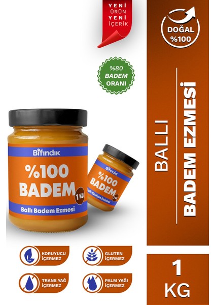 Ballı Badem Ezmesi Katkısız Taze Çekim Doğal Sürülebilir Kahvaltılık %80 Badem Ezmesi 1 KiloGram