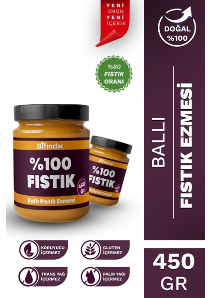 Ballı Fıstık Ezmesi Katkısız Taze Çekim Doğal Sürülebilir Kahvaltılık %80 Fıstık Ezmesi 450 Gram