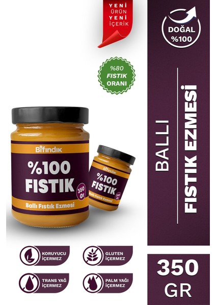 Ballı Fıstık Ezmesi Katkısız Taze Çekim Doğal Sürülebilir Kahvaltılık %80 Fıstık Ezmesi 350 Gram