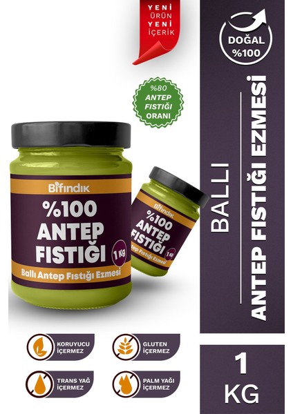 Ballı Antep Fıstığı Ezmesi Katkısız Taze Çekim Doğal Sürülebilir Kahvaltılık %80 Antep 1 KiloGram