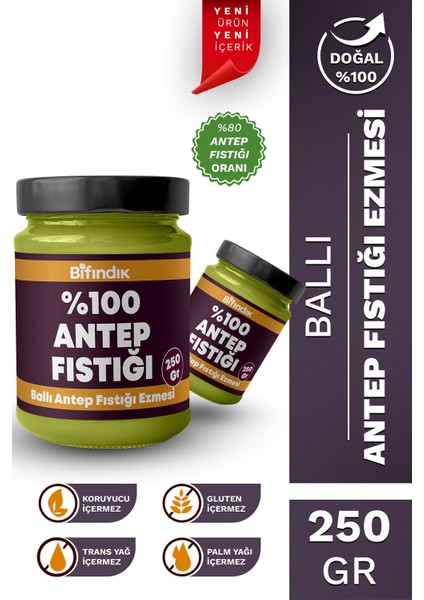 Ballı Antep Fıstığı Ezmesi Katkısız Taze Çekim Doğal Sürülebilir Kahvaltılık %80 Antep 250 Gram