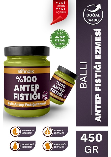 Ballı Antep Fıstığı Ezmesi Katkısız Taze Çekim Doğal Sürülebilir Kahvaltılık %80 Antep 450 Gram