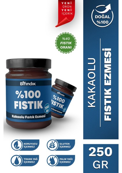 Kakaolu Fıstık Ezmesi Katkısız Taze Çekim Doğal Sürülebilir Kahvaltılık %40 Fıstık Ezmesi 250 Gram