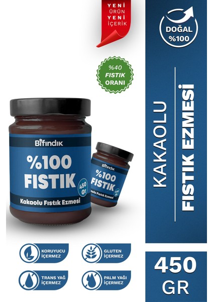 Kakaolu Fıstık Ezmesi Katkısız Taze Çekim Doğal Sürülebilir Kahvaltılık %40 Fıstık Ezmesi 450 Gram