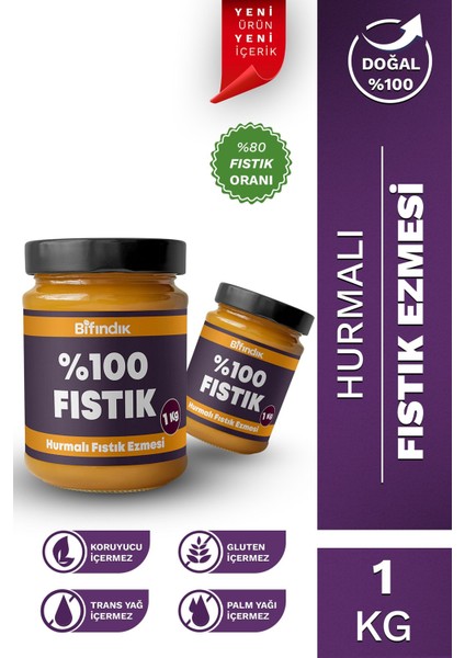 Hurmalı Fıstık Ezmesi Katkısız Taze Çekim Doğal Sürülebilir Kahvaltılık %80 Fıstık Ezmesi 1 KiloGram