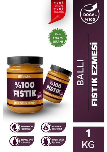 Ballı Fıstık Ezmesi Katkısız Taze Çekim Doğal Sürülebilir Kahvaltılık %80 Fıstık Ezmesi 1 KiloGram