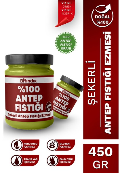 Şekerli Antep Fıstığı Ezmesi Taze Çekim Doğal Sürülebilir Kahvaltılık %80 Antep 450 Gram