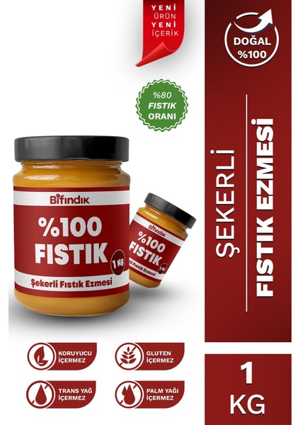 Şekerli Fıstık Ezmesi Katkısız Taze Çekim Doğal Sürülebilir Kahvaltılık %80 Fıstık 1 KiloGram