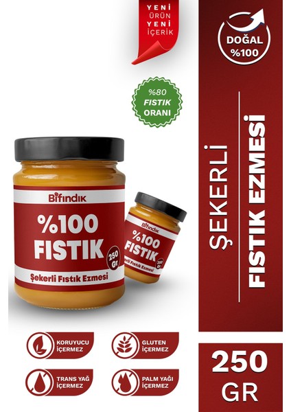 Şekerli Fıstık Ezmesi Katkısız Taze Çekim Doğal Sürülebilir Kahvaltılık %80 Fıstık 250 Gram