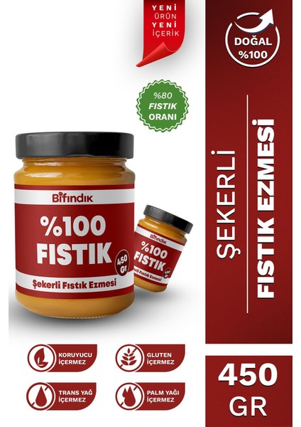 Şekerli Fıstık Ezmesi Katkısız Taze Çekim Doğal Sürülebilir Kahvaltılık %80 Fıstık 450 Gram