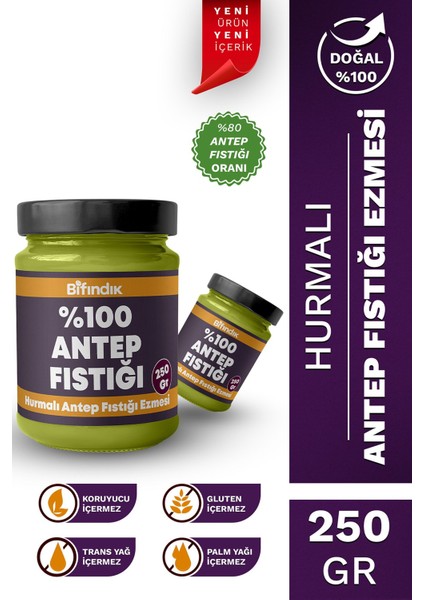 Hurmalı Antep Fıstığı Ezmesi Katkısız Taze Çekim Doğal Sürülebilir Kahvaltılık %80 Antep 250 Gram