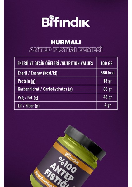 Hurmalı Antep Fıstığı Ezmesi Katkısız Taze Çekim Doğal Sürülebilir Kahvaltılık %80 Antep 250 Gram