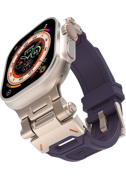Apple Watch 10 46MM Kordon Metal Bağlantılı Tokalı Silikon Kayış KRD108 Mor