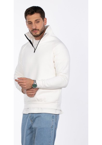 Yarım Fermuarlı Dik Yaka Sweatshirt - Ekru