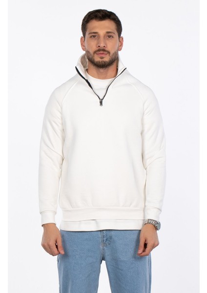 Yarım Fermuarlı Dik Yaka Sweatshirt - Ekru