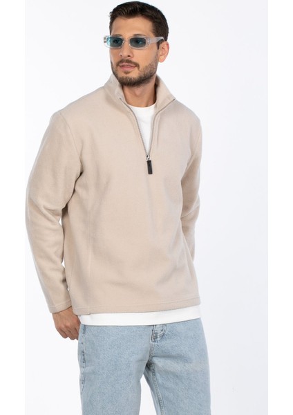 Yarım Fermuarlı Dik Yaka Polar Sweatshirt - Bej