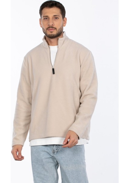 Yarım Fermuarlı Dik Yaka Polar Sweatshirt - Bej