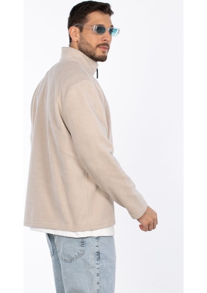 Yarım Fermuarlı Dik Yaka Polar Sweatshirt - Bej