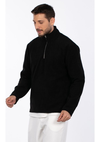 Yarım Fermuarlı Dik Yaka Polar Sweatshirt - Siyah