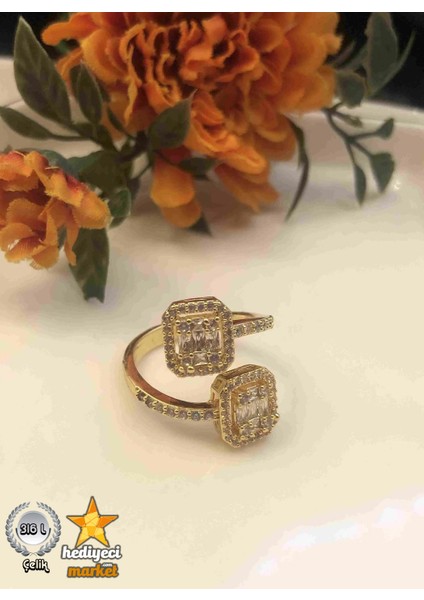 316 L 2mm Gold Zirkon Taşlı Çift Baget Ayarlanabilir Çelik Yüzük - HMÇY-0007