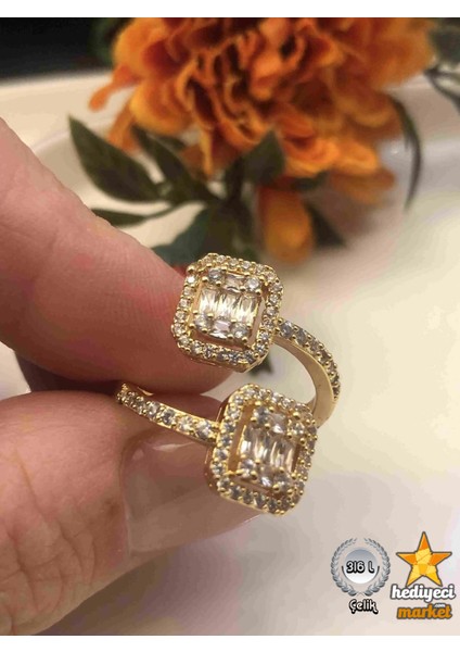 316 L 2mm Gold Zirkon Taşlı Çift Baget Ayarlanabilir Çelik Yüzük - HMÇY-0007