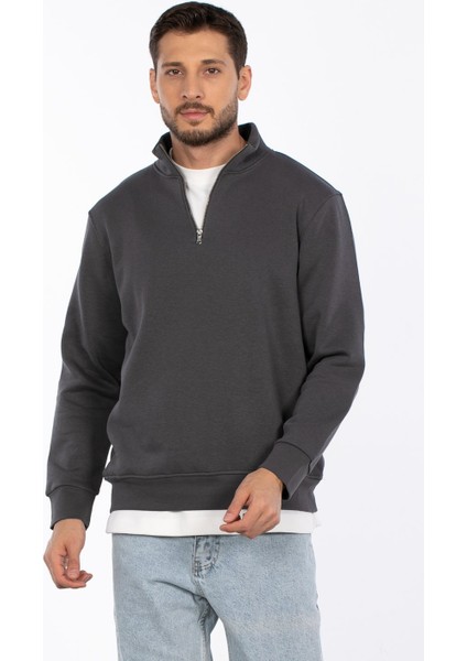 Yarım Fermuarlı Dik Yaka Sweatshirt - Antrasit