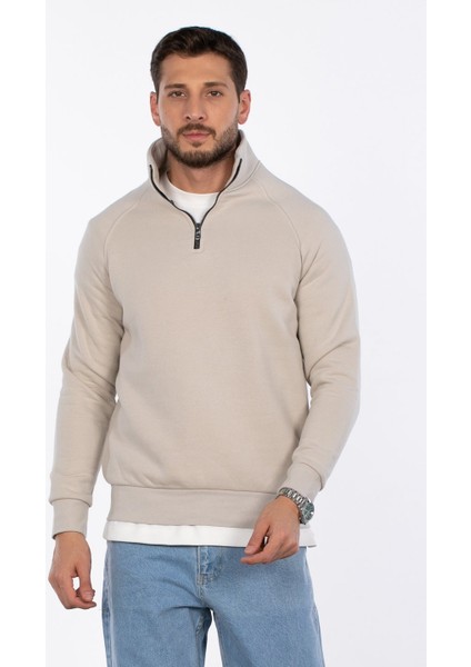 Yarım Fermuarlı Dik Yaka Sweatshirt - Taş