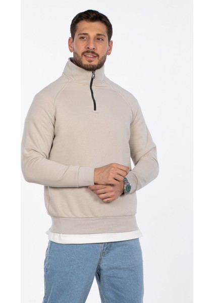 Yarım Fermuarlı Dik Yaka Sweatshirt - Taş