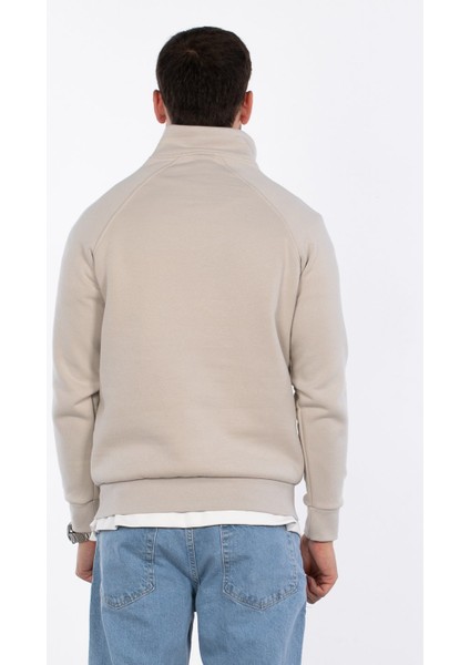 Yarım Fermuarlı Dik Yaka Sweatshirt - Taş