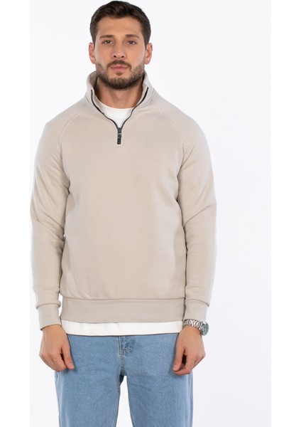 Yarım Fermuarlı Dik Yaka Sweatshirt - Taş