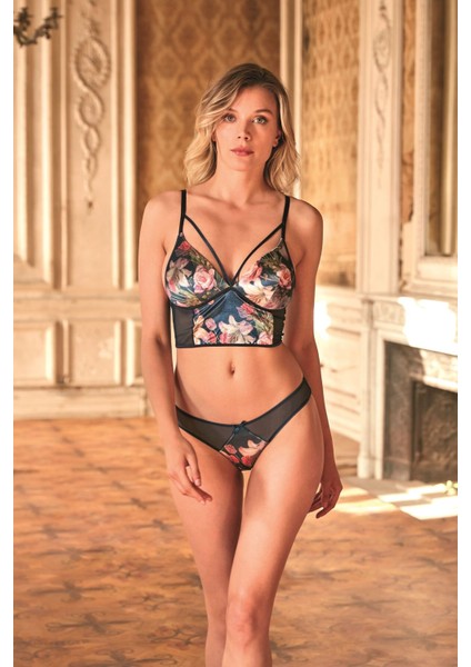 Kadın Kadife Balensiz Desteksiz Dolgusuz Yaka Detaylı Çiçek Baskılı Bralet Sütyen ve Slip Takım (4217)