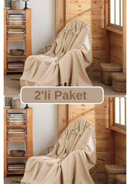 2li Bej Pamuklu Tekli Koltuk ve Berjer Örtüsü - Tv Battaniyesi Throw 120*150 cm