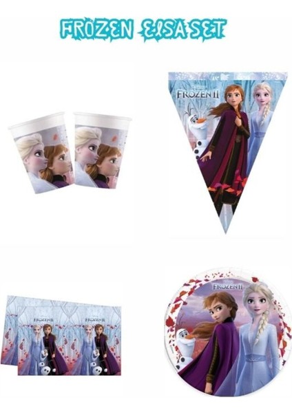 Elsa Frozen 2 Karlar Ülkesi 4'lü Doğum Günü Set (Bayrak Tabak Bardak Masa Örtüsü ) Kız Çocuk Konsept