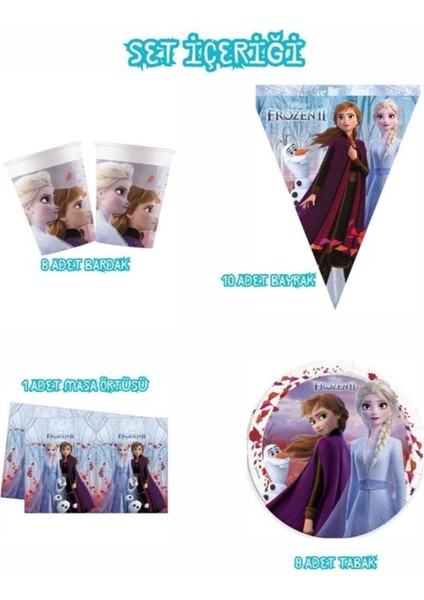 Elsa Frozen 2 Karlar Ülkesi 4'lü Doğum Günü Set (Bayrak Tabak Bardak Masa Örtüsü ) Kız Çocuk Konsept