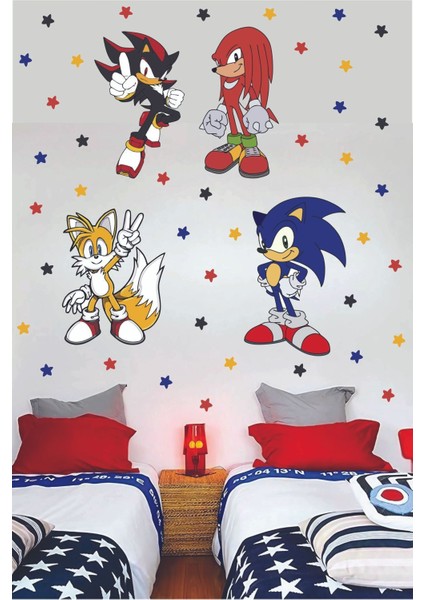 Ayza Tasarım Sonic Çocuk Odası Sticker Kirpi Sonic Knuckles Tails Duvar Sticker Cam Etiket Yapışkan Çıkartma