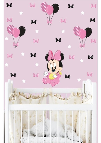 Pembe Siyah Puantiyeli Bebek Minnie Mouse Çocuk - Bebek Odası Duvar Sticker Seti Yıldız ve Kurdaleli