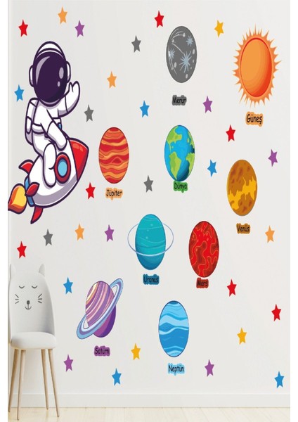 Astronot Güneş Sistemi Yıldızlar ve Gezegenler Çocuk Odası Sticker Seti Eğitici Uzay Mega Set